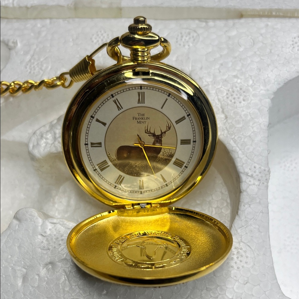 Franklin Mint Gold Pocket Watch with Deer Design